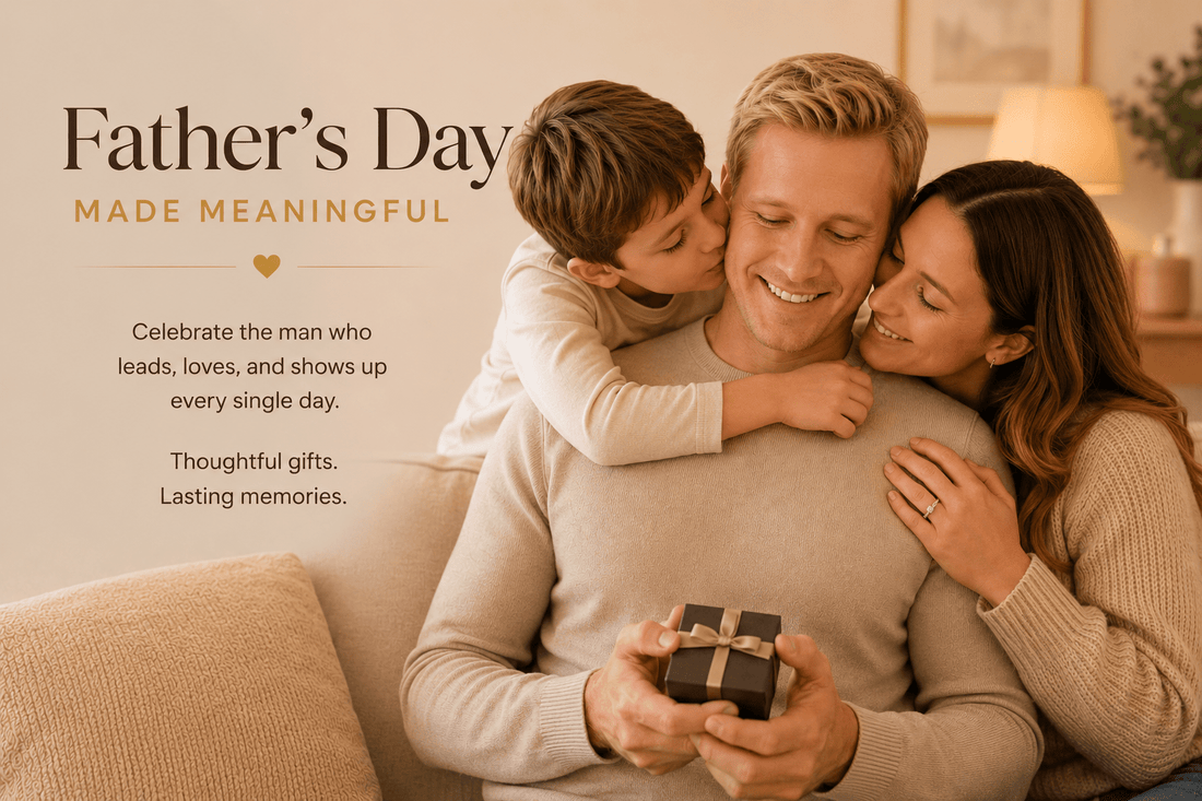 Mother and son giving fathers day gift to dad on fathers day 2026