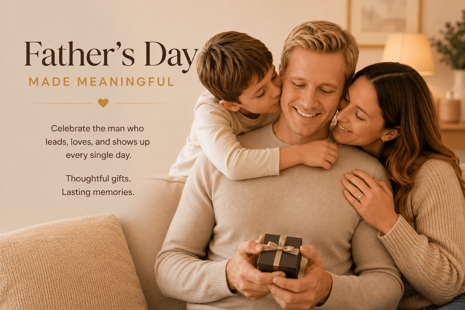 Mother and son giving fathers day gift to dad on fathers day 2026