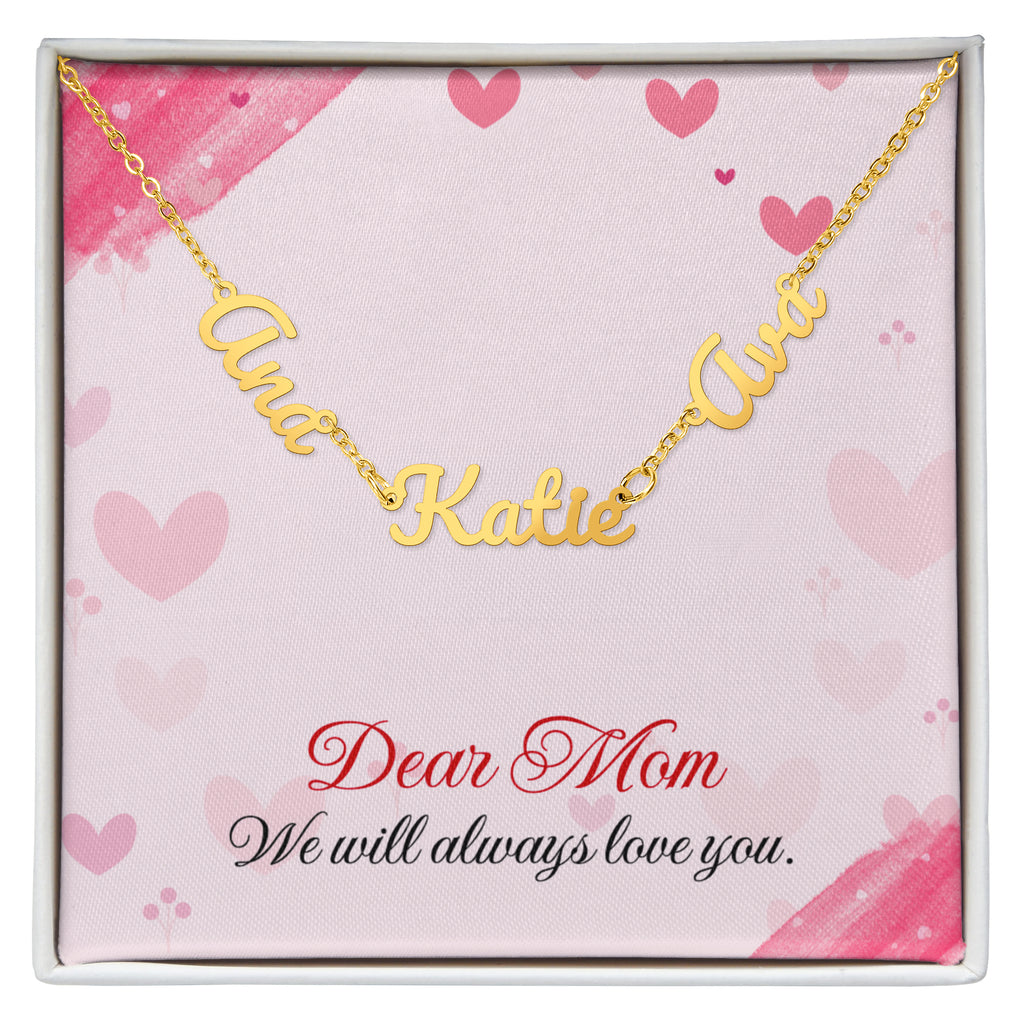 Personalized name necklace for mom featuring 2 or 3 custom engraved names, designed as a meaningful and emotional gift from children. This elegant family jewelry piece symbolizes love, connection, and lifelong bonds. Perfect as a thoughtful Mother’s Day gift, birthday present, or special keepsake, this custom necklace transforms personal names into a timeless reminder of family, making it a cherished accessory she can wear every day.