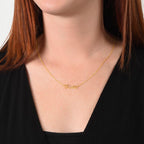 Woman wearing custom name necklace designed to celebrate meaningful connections, with any name you want.