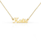 Custom name necklace designed to celebrate meaningful connections, the name on this one is KATIE, in gold color.