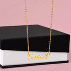 Custom name necklace designed to celebrate meaningful connections, shown with a black and white gift box.