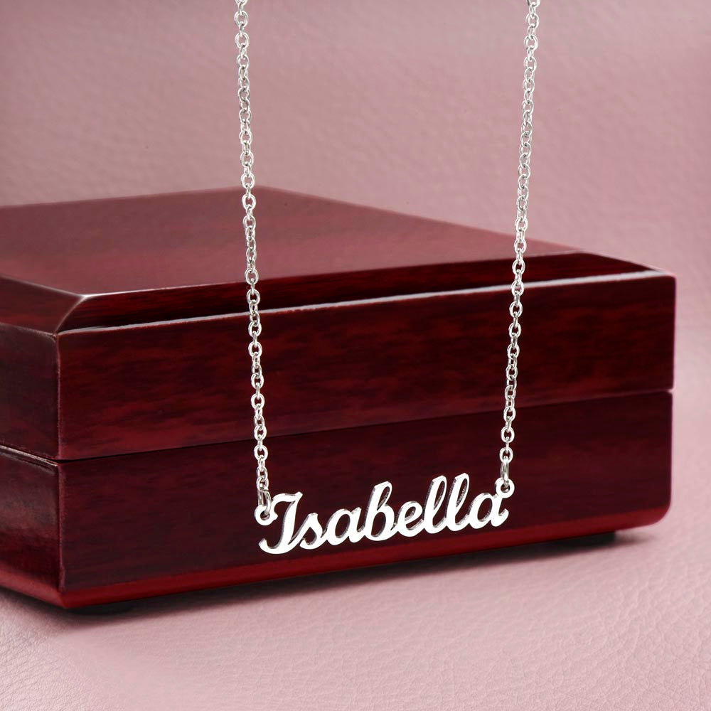 Custom name necklace designed to celebrate meaningful connections, shown with a luxury gift box.