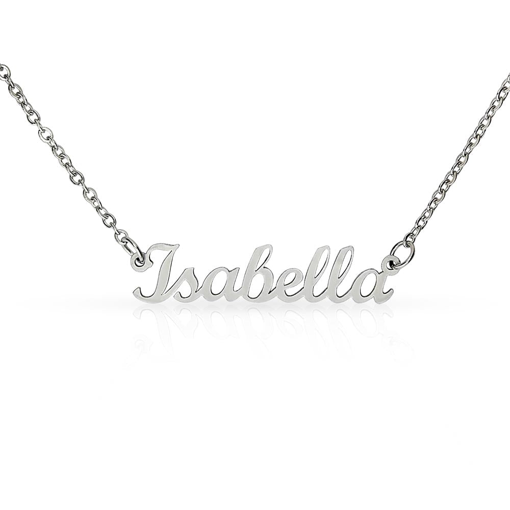 Custom name necklace designed to celebrate meaningful connections, the name on this one is ISABELLA, in silver version.