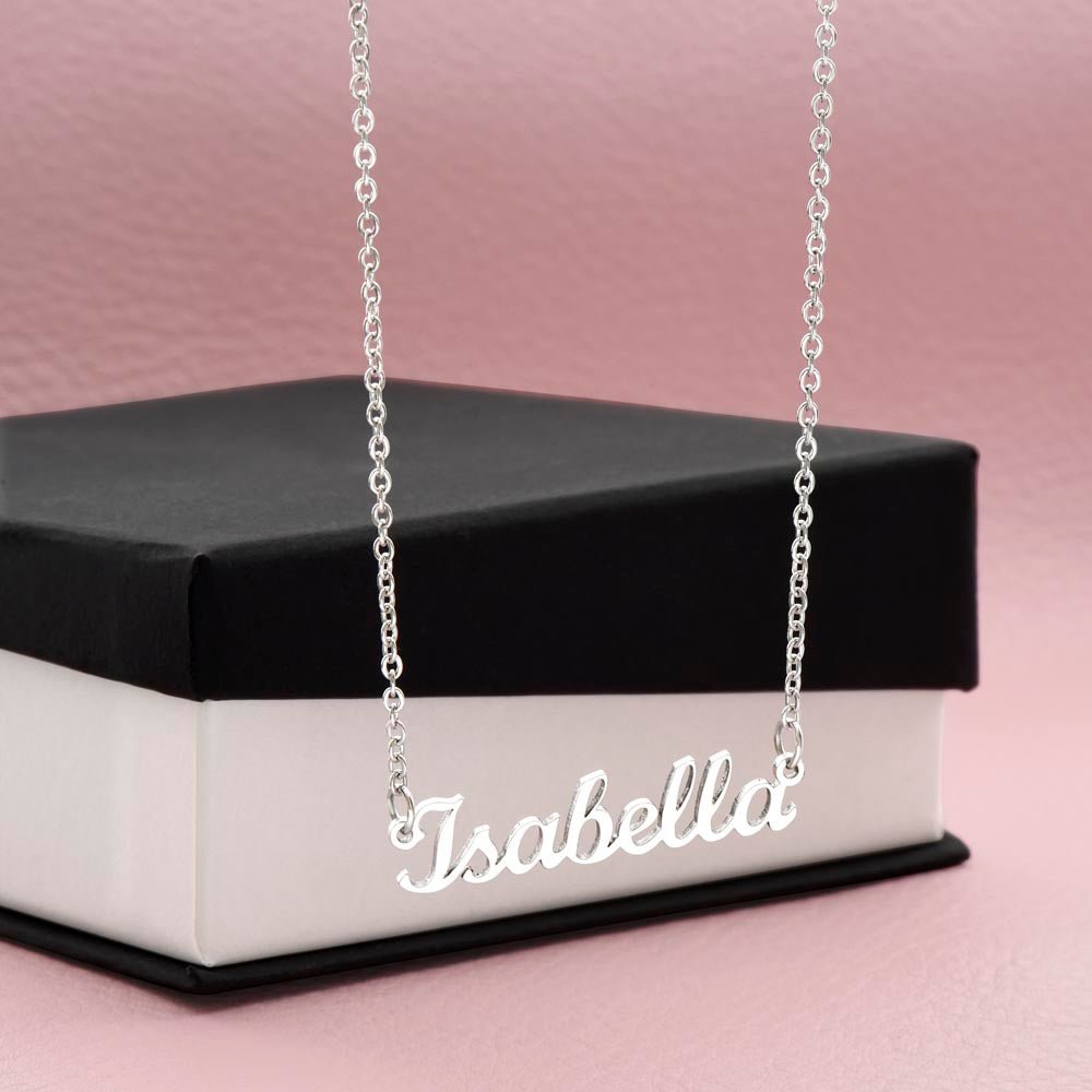 Custom name necklace designed to celebrate meaningful connections, the name on this one is ISABELLA.