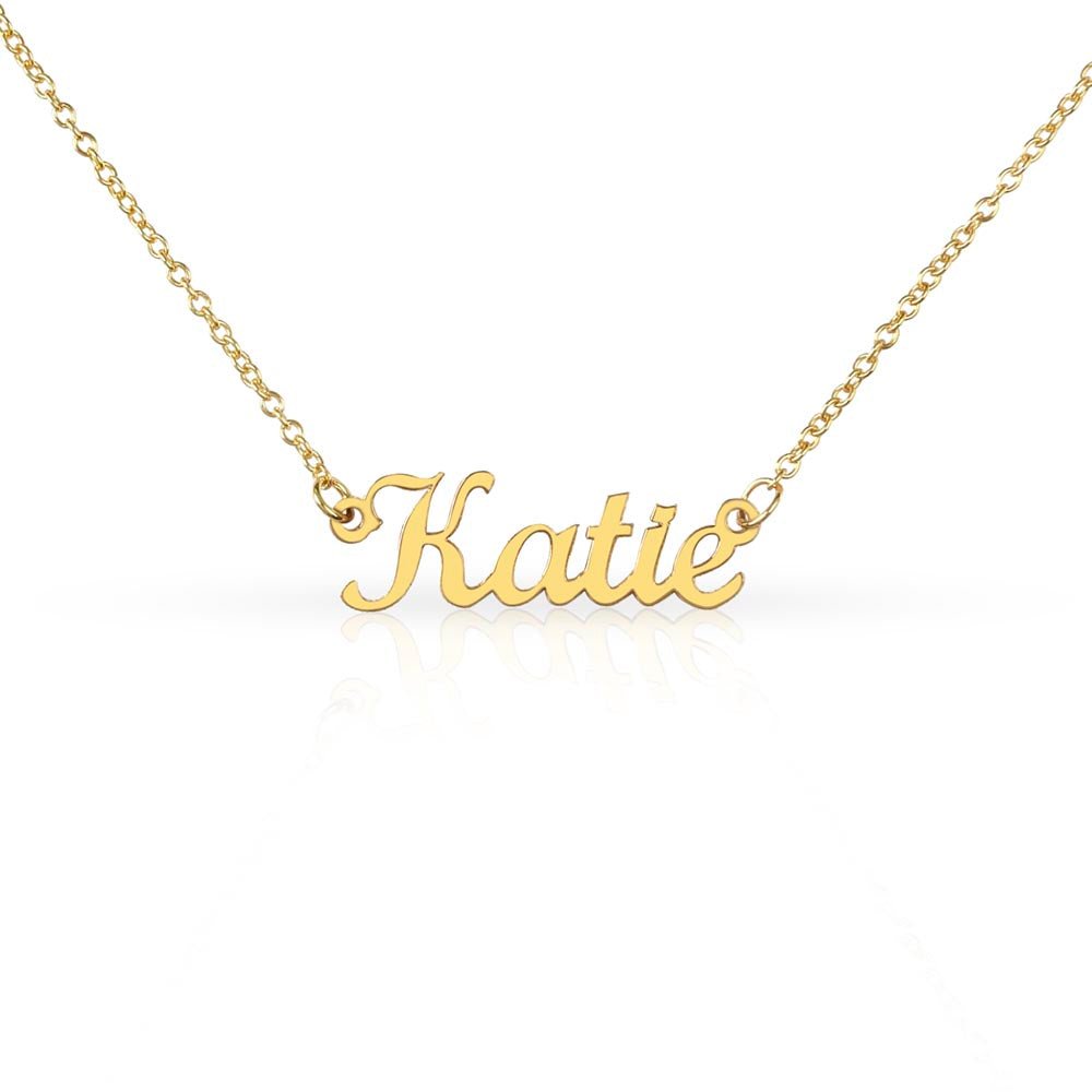 Custom name necklace designed to celebrate meaningful connections, the name on this one is KATIE, in gold color.