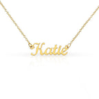 Custom name necklace designed to celebrate meaningful connections, the name on this one is KATIE, in gold color.