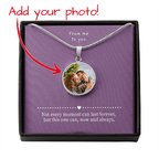 Unique photo necklace in a black gift box. The necklace is circle shaped and in silver color with message card.