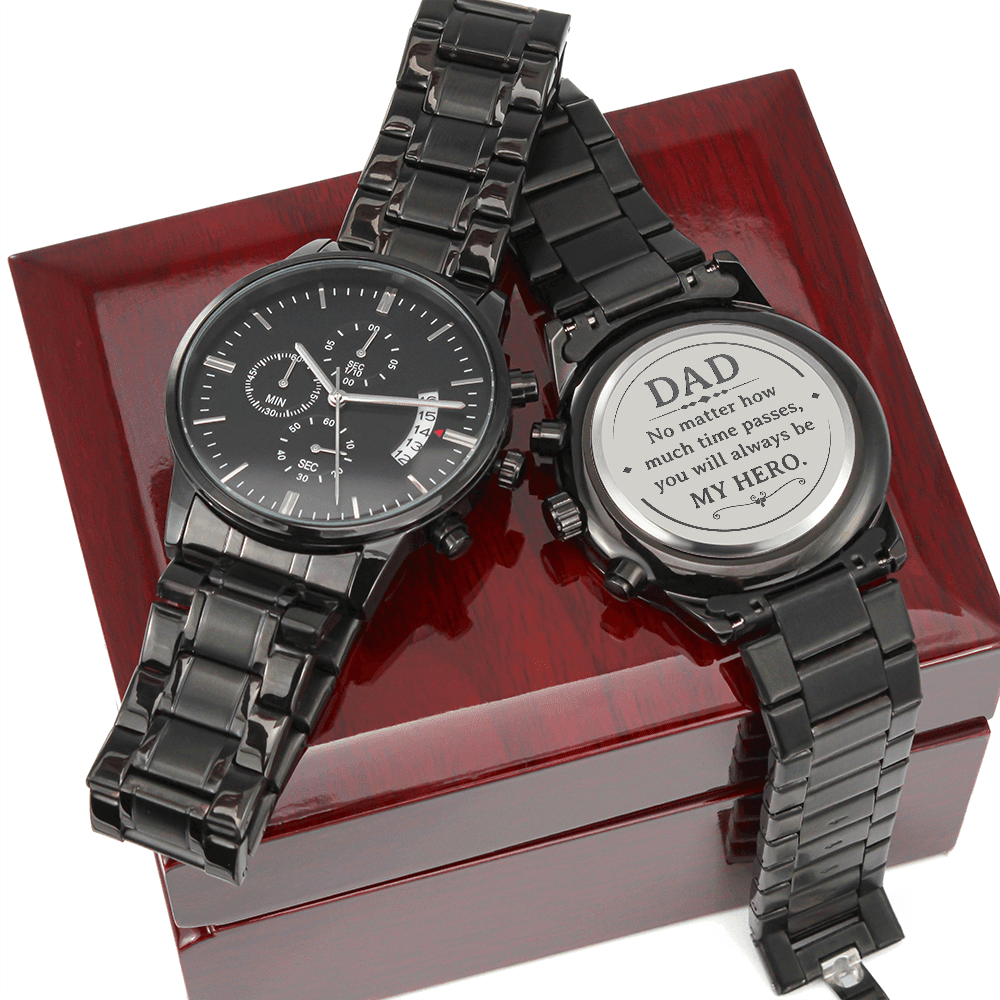 Engraved Design Black Chronograph Watch - My HERO - For Dad on Father´s Day - I Got You A Gift