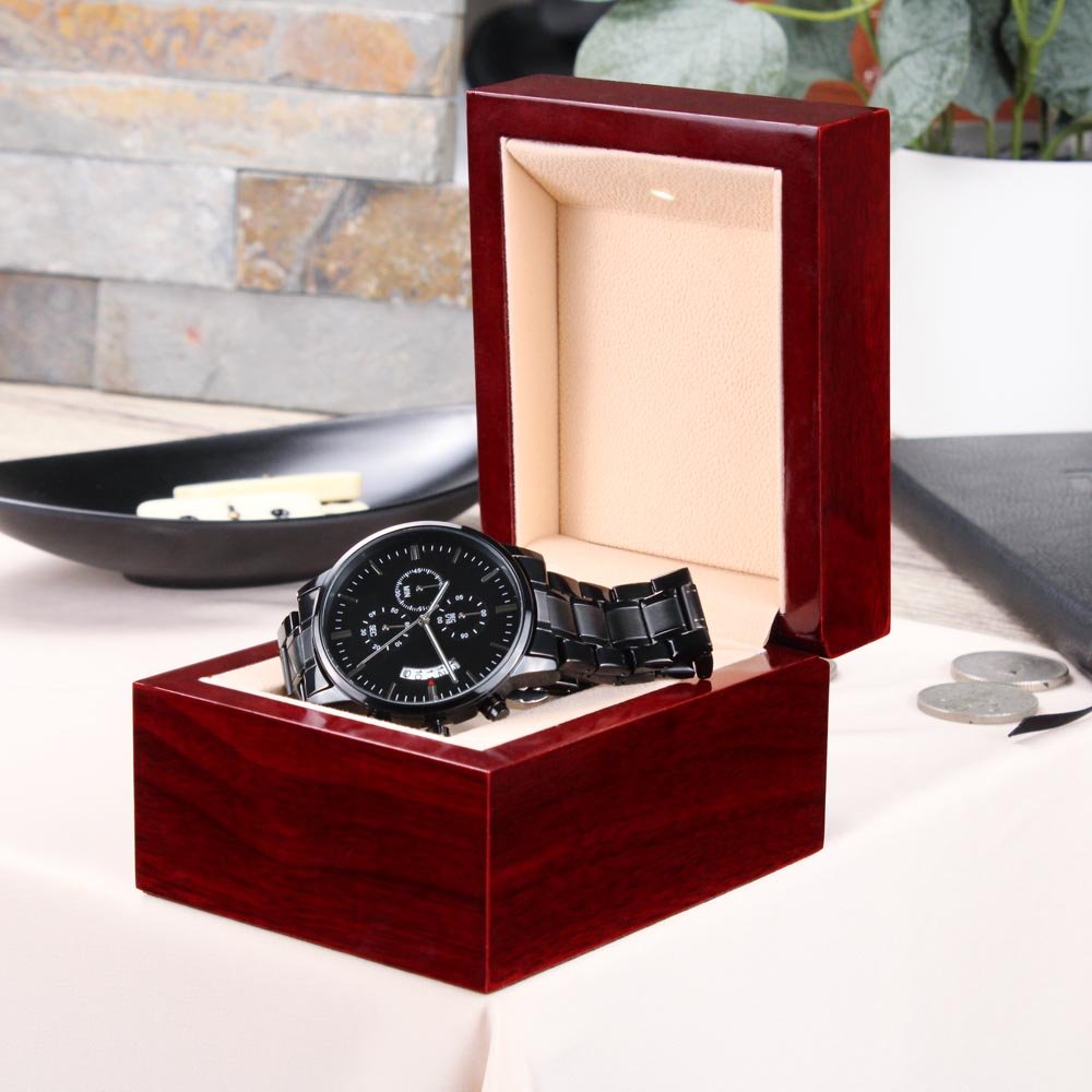 Engraved Design Black Chronograph Watch - My HERO - For Dad on Father´s Day - I Got You A Gift