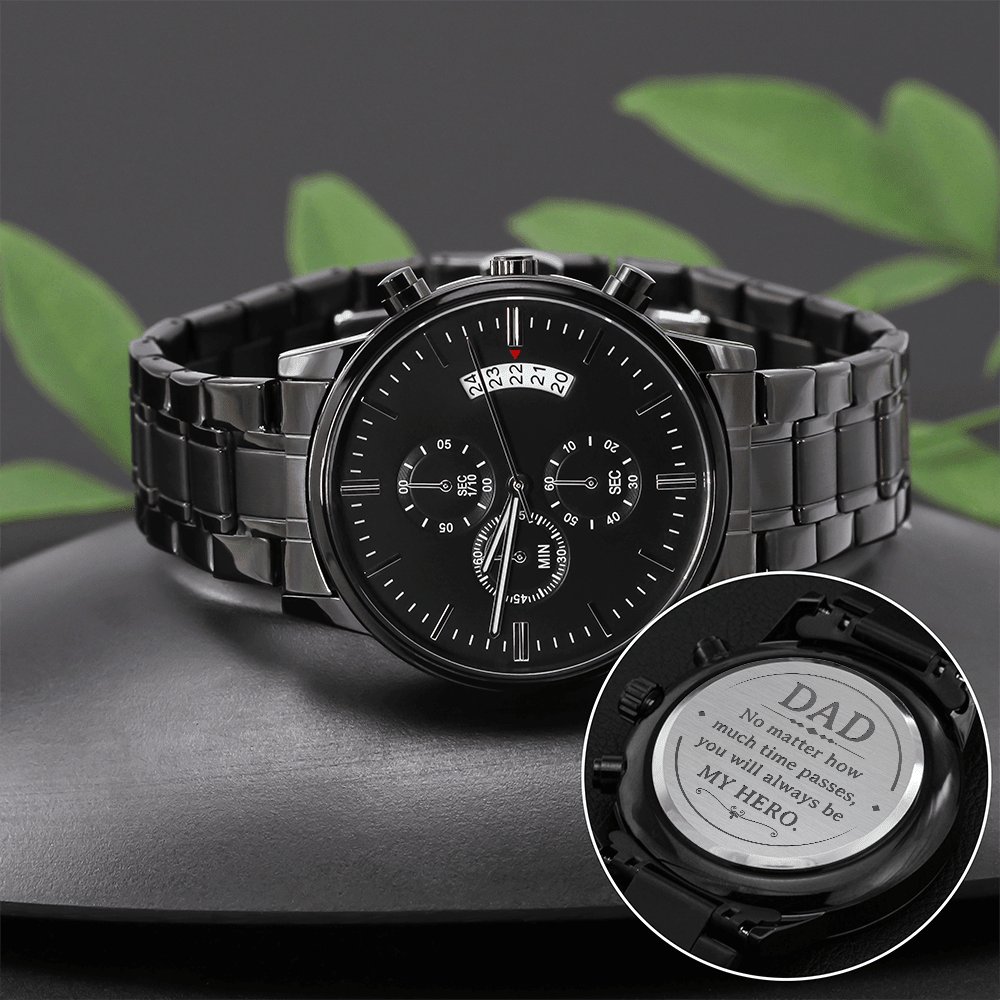 Engraved Design Black Chronograph Watch - My HERO - For Dad on Father´s Day - I Got You A Gift