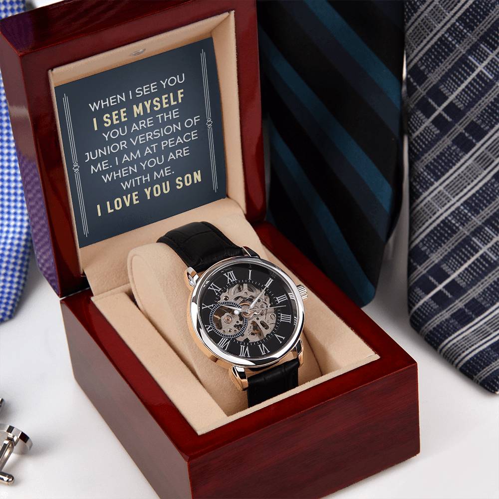 Personalized watch gift from father to son - custom timepiece keepsake expressing eternal love and timeless devotion. This meaningful watch gift features personalized message, making it an unforgettable gift for your son, perfect for xpressing love. Premium luxury timepiece designed as a meaningful keepsake for special occasions.