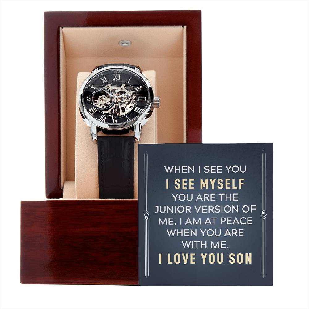 Personalized watch gift from father to son - custom timepiece keepsake expressing eternal love and timeless devotion. This meaningful watch gift features personalized message, making it an unforgettable gift for your son, perfect for xpressing love. Premium luxury timepiece designed as a meaningful keepsake for special occasions.