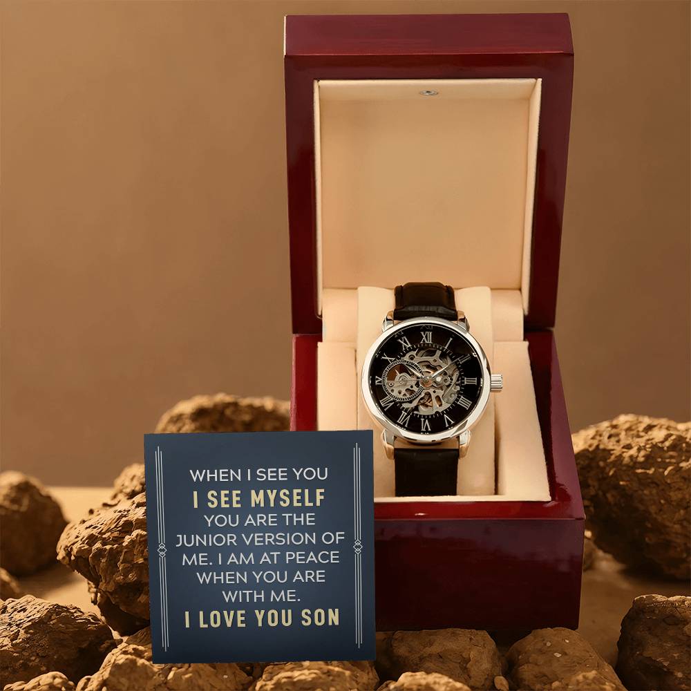 Personalized watch gift from father to son - custom timepiece keepsake expressing eternal love and timeless devotion. This meaningful watch gift features personalized message, making it an unforgettable gift for your son, perfect for xpressing love. Premium luxury timepiece designed as a meaningful keepsake for special occasions.