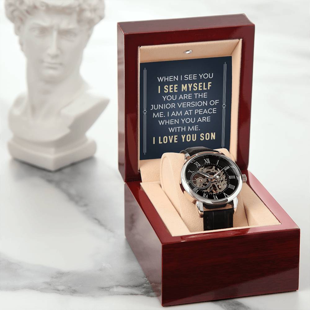 Personalized watch gift from father to son - custom timepiece keepsake expressing eternal love and timeless devotion. This meaningful watch gift features personalized message, making it an unforgettable gift for your son, perfect for xpressing love. Premium luxury timepiece designed as a meaningful keepsake for special occasions.