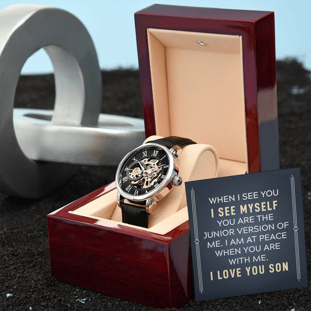 Personalized watch gift from father to son - custom timepiece keepsake expressing eternal love and timeless devotion. This meaningful watch gift features personalized message, making it an unforgettable gift for your son, perfect for xpressing love. Premium luxury timepiece designed as a meaningful keepsake for special occasions.