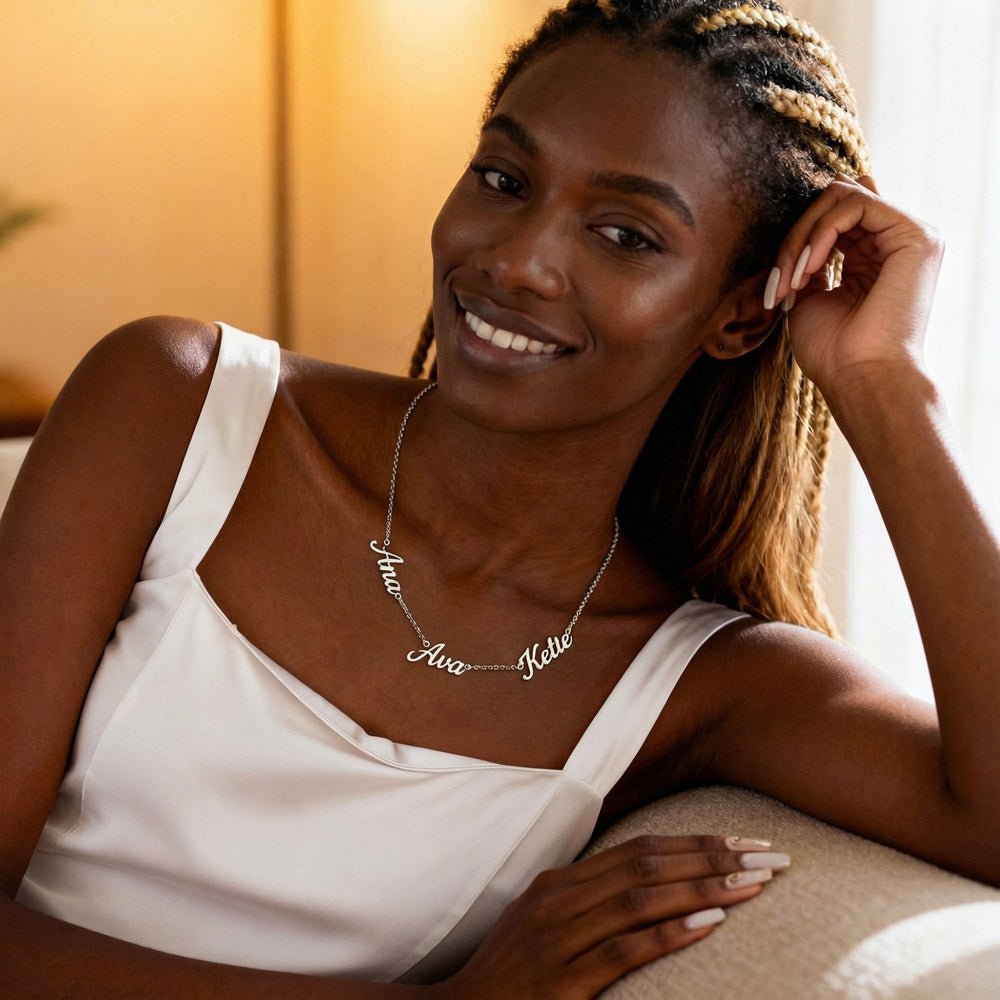Personalized name necklace for mom featuring 2 or 3 custom engraved names, designed as a meaningful and emotional gift from children. This elegant family jewelry piece symbolizes love, connection, and lifelong bonds. Perfect as a thoughtful Mother’s Day gift, birthday present, or special keepsake, this custom necklace transforms personal names into a timeless reminder of family, making it a cherished accessory she can wear every day.