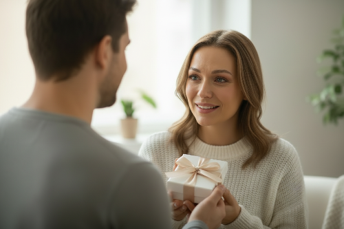 Woman receiving a gift from a man in a cozy indoor setting_personalised necklace from I Got You A Gift