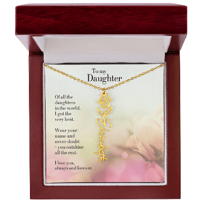 Luxury gift box with birthday flower and name on goldplated personalized name necklace for daughter, with heartfelt words on message card from I Got You A Gift.