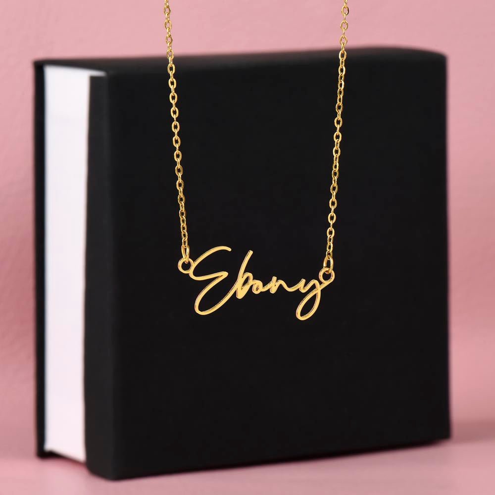 Elegant custom name necklace created with your chosen name, this one is displayed on a black gift box from I Got You a gift.