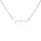 Custom name necklace, the color is silver. The name on the necklace is Sophia.