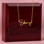 Elegant custom name necklace created with your chosen name, this one is displayed on a luxury gift box from I Got You a gift in the color gold.